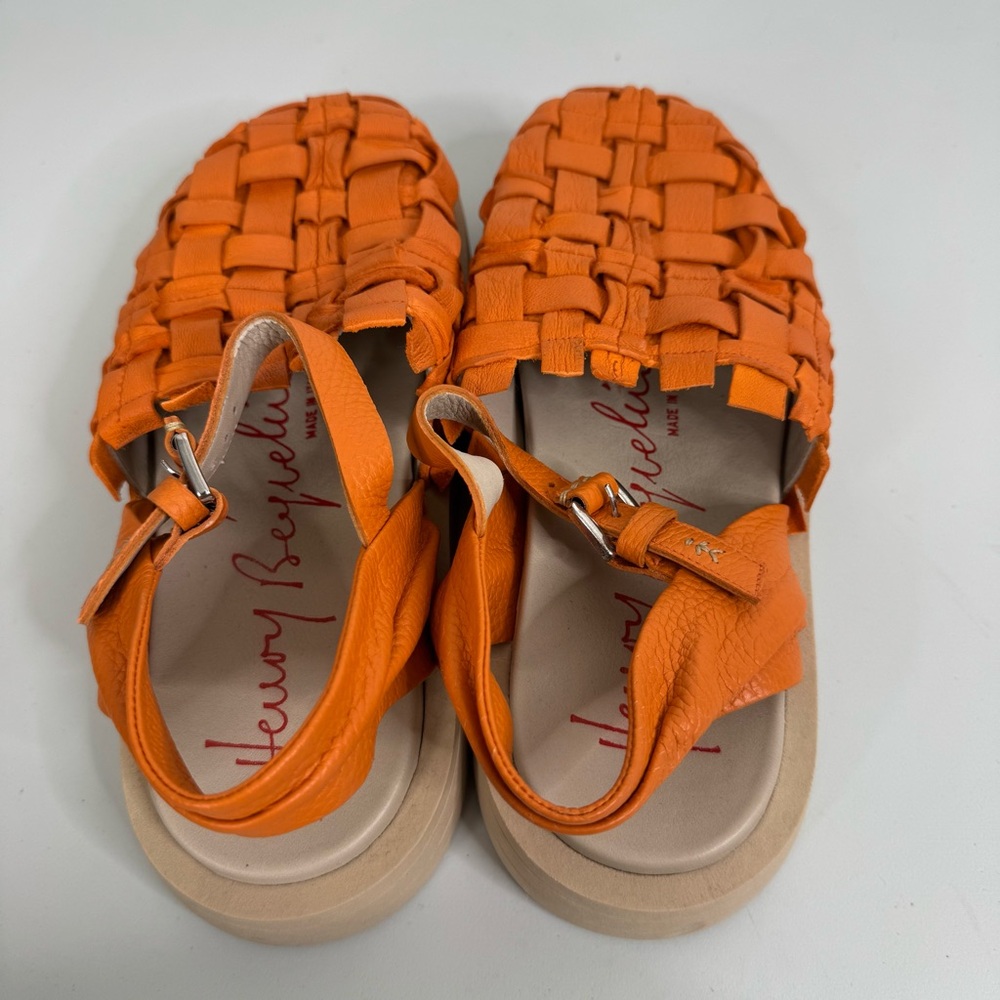 Henry Beguelin Orange‎ Leather Cross Hatch Ankle Strap Platform Sandals Size 40 - Picture 6 of 8